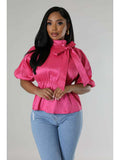 Load image into Gallery viewer, Ruched Puff Sleeve Tie-Waist Blouse